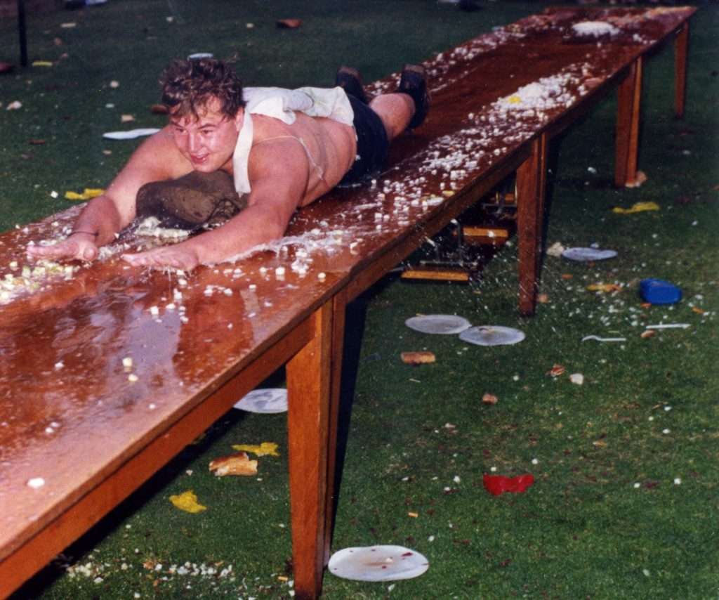 Andrew Kretschmer attempting a carrier landing down a table at Marksenfest 1991